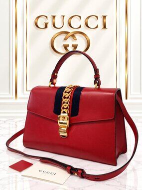Authentic Gucci Sylvie Red Leather Top Handle Shoulder Bag Gold Chain Web Stripe